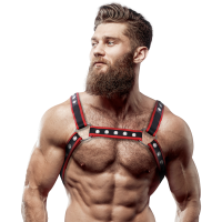 FETISH SUBMISSIVE ATTITUDE™ - MEN'S ECO-LEATHER CHEST BULLDOG HARNESS BLACK/RED