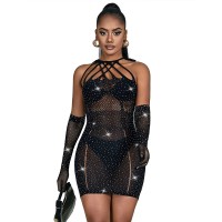 Бельо SUBBLIME - 952235 FISHNET BODYSTOCKING WITH RHINESTONES AND BLACK GLOVES ONE SIZE