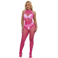 Бельо SUBBLIME - 952389 FISHNET AND LACE CROTCHLESS BODYSTOCKING WITH HIGH NECK PINK ONE SIZE