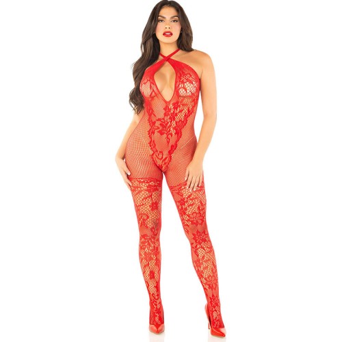 Бельо LEG AVENUE - FLOWER PRINT MESH BODYSTOCKING RED ONE SIZE