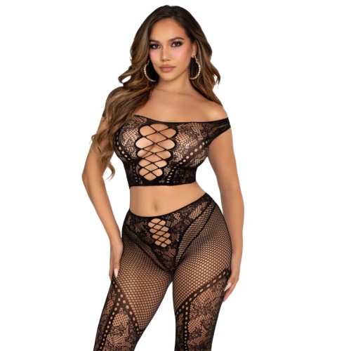 Бельо LEG AVENUE - CROP TOP AND FISHNET LEGGING WITH BARE SHOULDERS BLACK