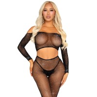 Бельо LEG AVENUE - CROP TOP AND FISHNET LEGGING WITH RHINESTONES BLACK