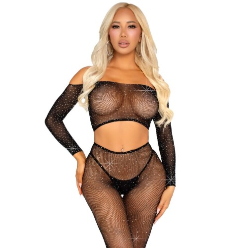 Бельо LEG AVENUE - CROP TOP AND FISHNET LEGGING WITH RHINESTONES BLACK
