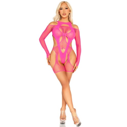 Боди LEG AVENUE - FISHNET BODYSTOCKING WITH GARTER BELT AND HARNESS NEON PINK